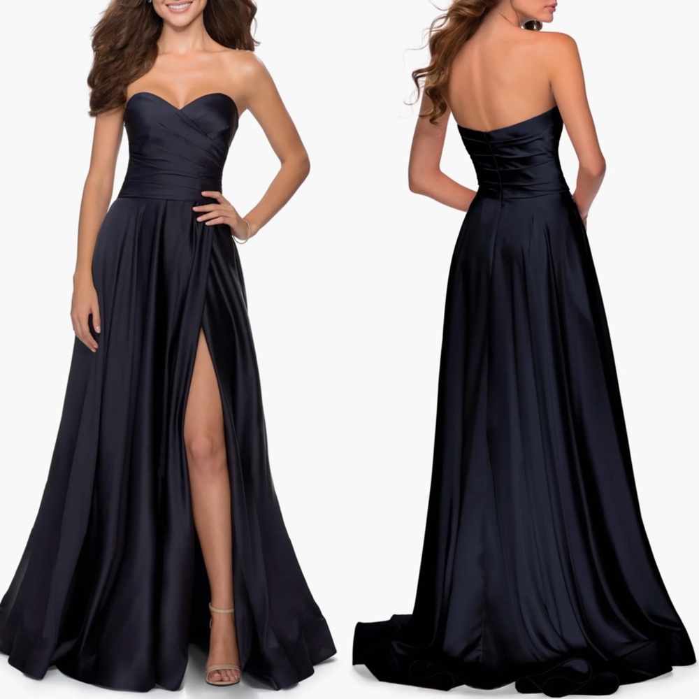 NEW LA FEMME Navy STRAPLESS Sweetheart PLEATED Satin HIGH SLIT Evening BALL GOWN